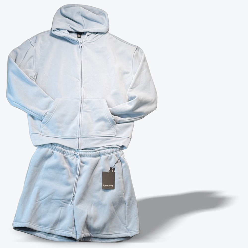 Full Zip Hoodie Shorts Matching Lounge 2 Piece Set Blue Cotton Blend Small & Med